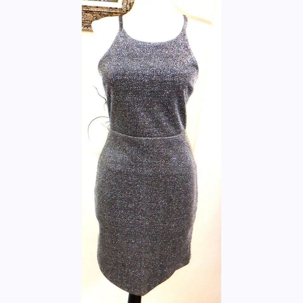 Express silver metallic glitter asymmetrical dress